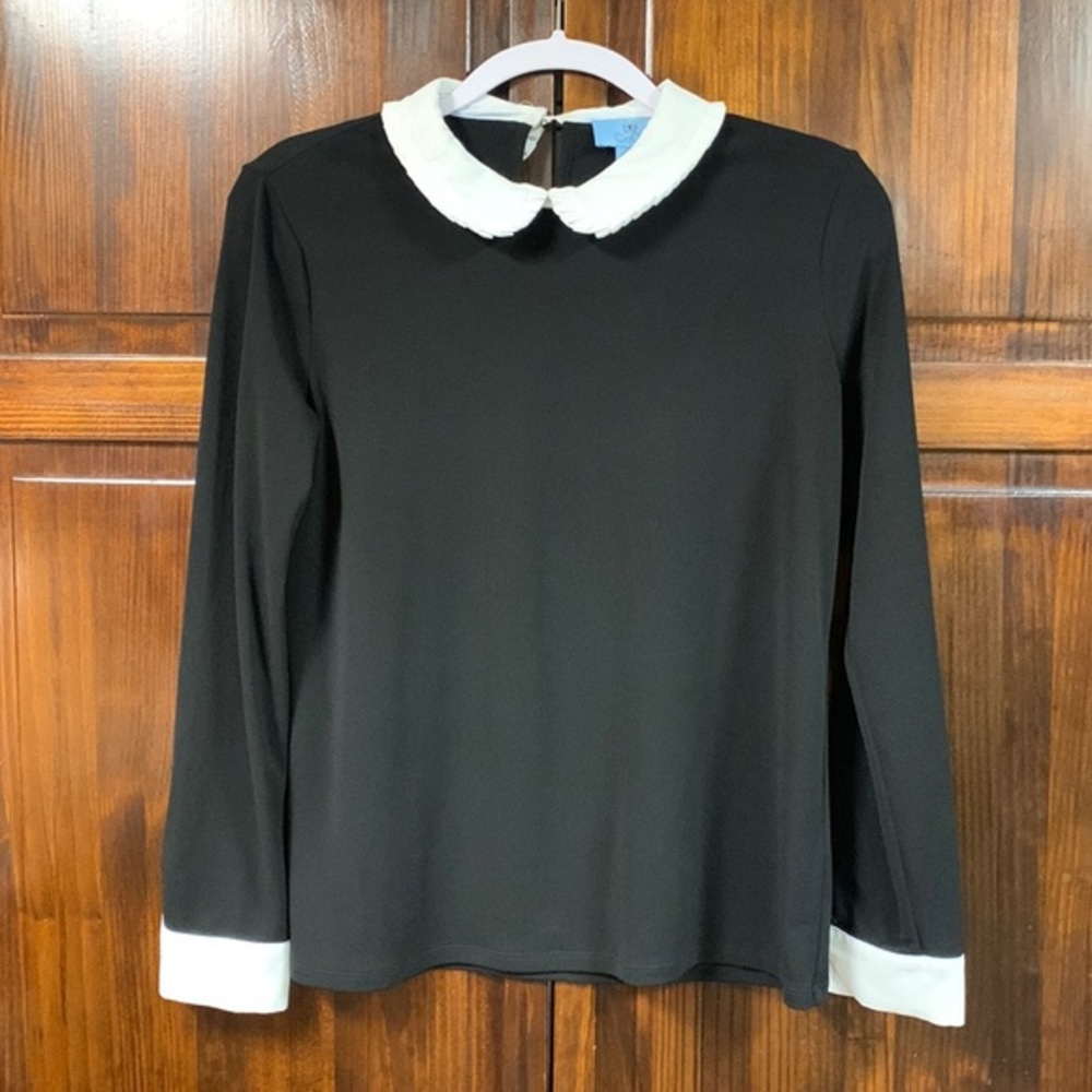 CeCe Black Long Sleeve Color Block Pleated Collar Top size small